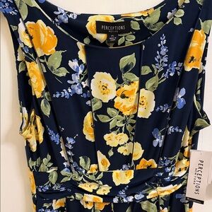 Perceptions Navy Floral Midi Dress with Yellow and Light Blue Blooms